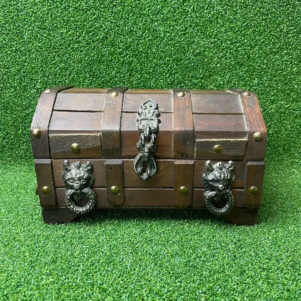 Vintage Wooden Treasure Chest Jewelry Box Gothic Lions Head Metal Latch